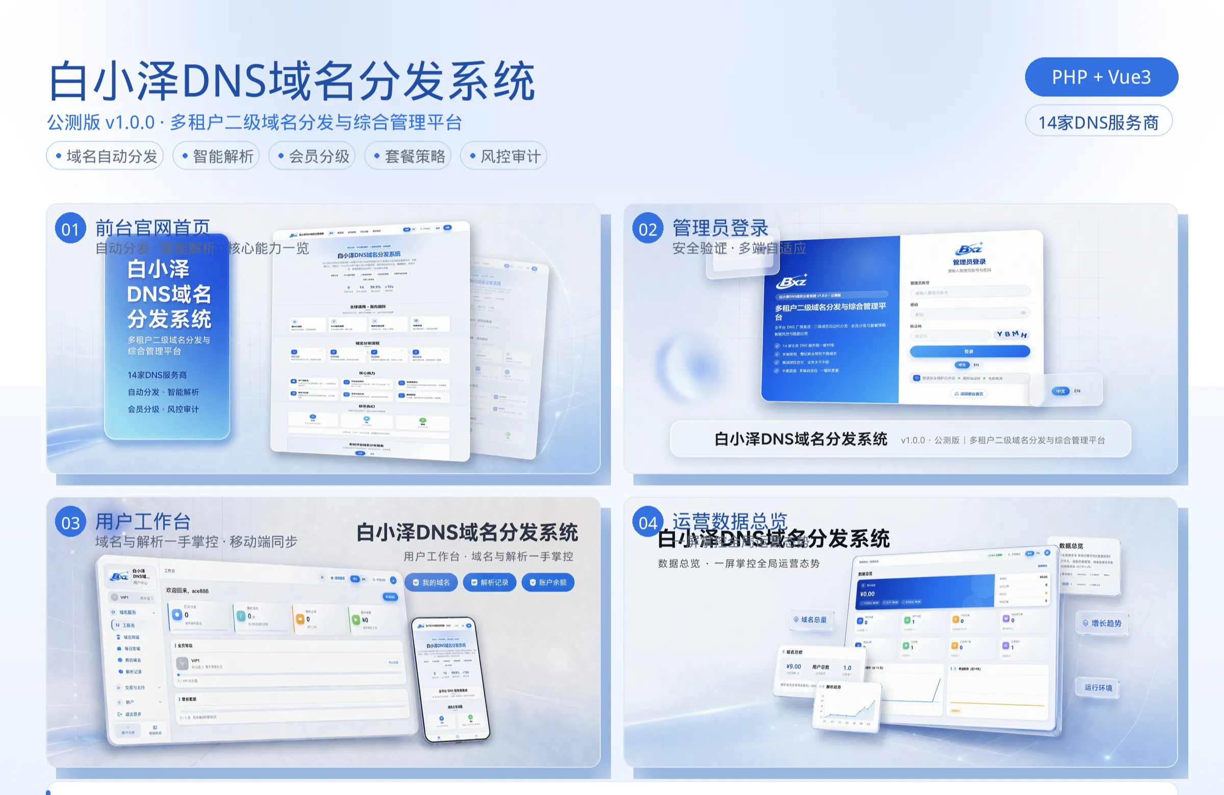 白小泽DNS域名分发系统v1.0.0公测版 PHP+Vue3二级域名分发平台
